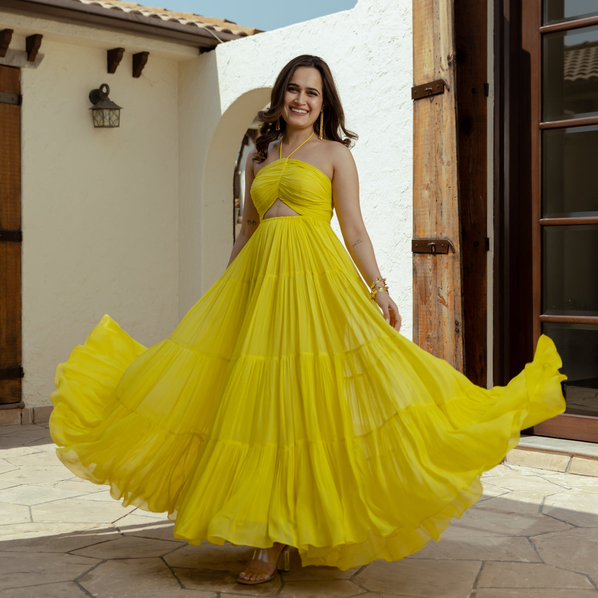 Butterscotch Yellow Long Tiered Dress For Women Online Ordinaree