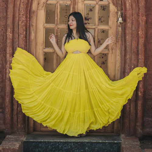 Butterscotch Yellow Long Tiered Dress For Women Online Ordinaree