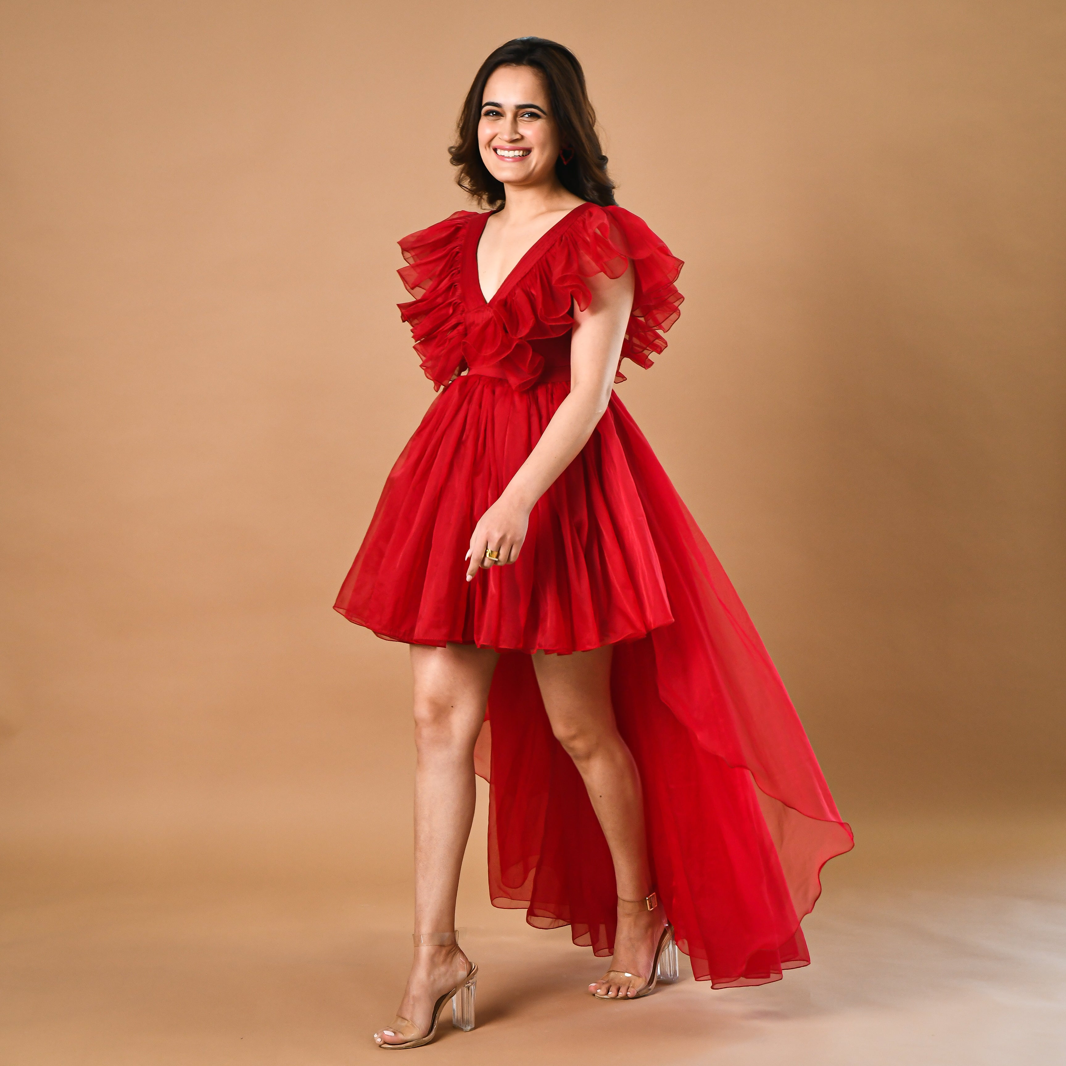 Fairytale V Neck Red Organza Dress For Women Online – Ordinaree