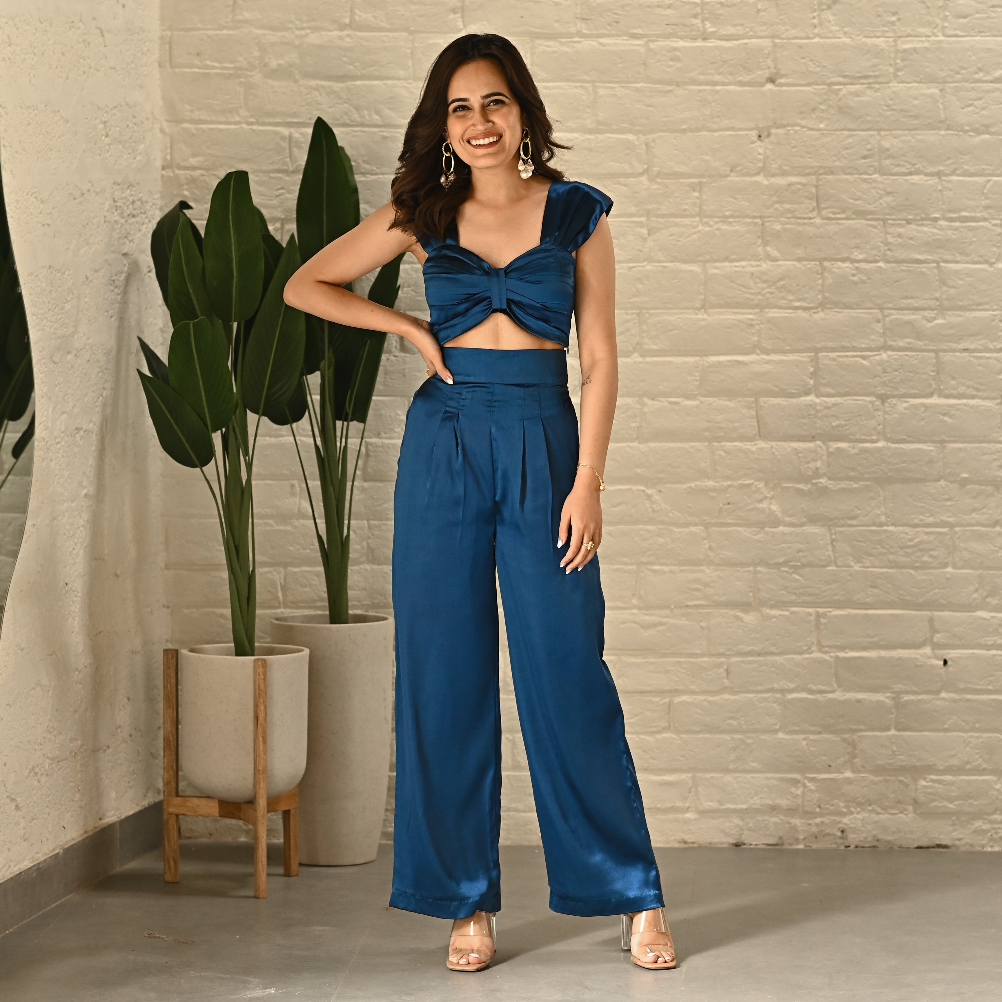 Buy House Of TAYA Blue Cotton Satin Printed Cowl Top And Pant Set Online   Aza Fashions